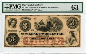 image for: FR. MDS716b 1864 $3 Salisbury, Maryland PMG Choice Unc 63