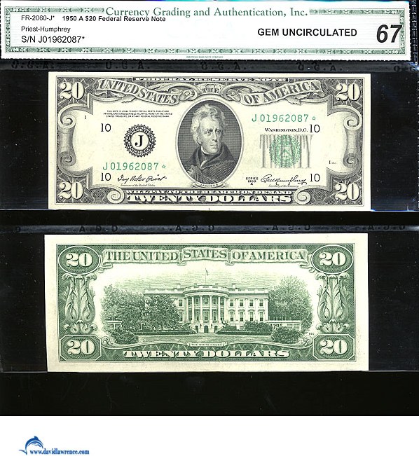 image for: Fr.2060J 1950A $20  CGA Gem CU67  [J01962087] *Star* 