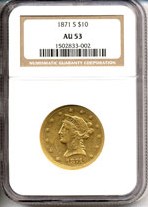image for: 1871-S $10  NGC AU53 