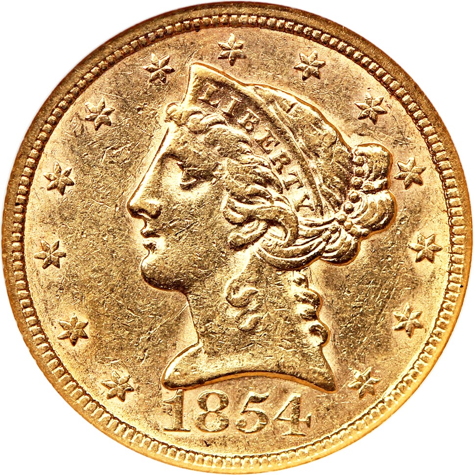 image for: 1854 $5 NGC AU55