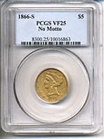 image for: 1866-S $5 No Motto PCGS VF25 