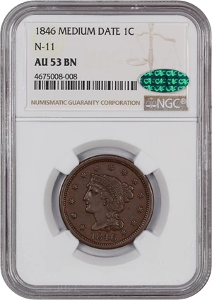image for: 1846 1c NGC/CAC AU53 BN (Medium Date, N-11)