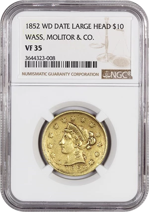 image for: 1852 Wass Molitor & Co. $10 NGC VF35 (Wide Date, Large Head)