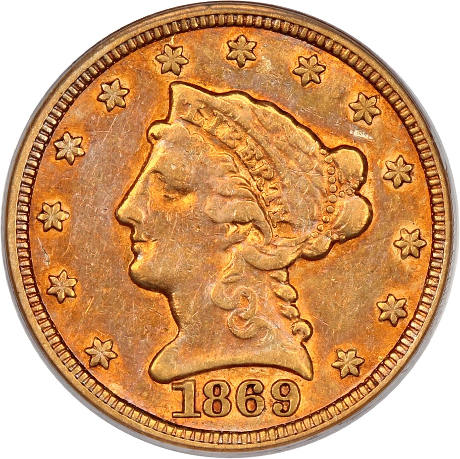 image for: 1869-S 2 1/2 PCGS VF30 (OGH)