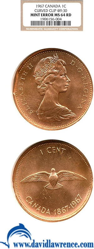 image for: Canada: 1967 1c NGC MS64 RD - Curved Clip at 9:30
