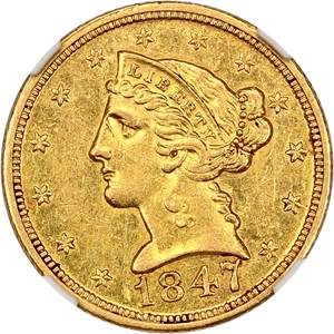 image for: 1847-D $5 NGC AU58