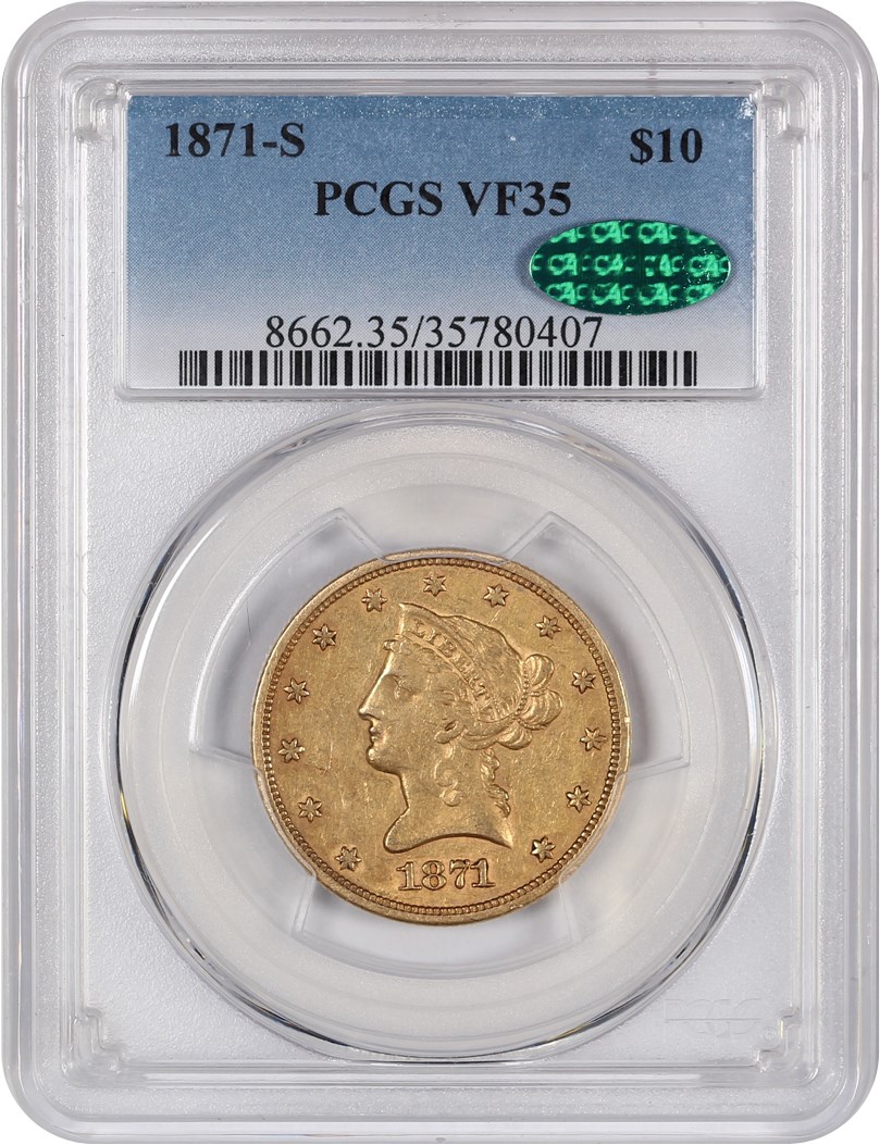 image for: 1871-S $10 PCGS/CAC VF35