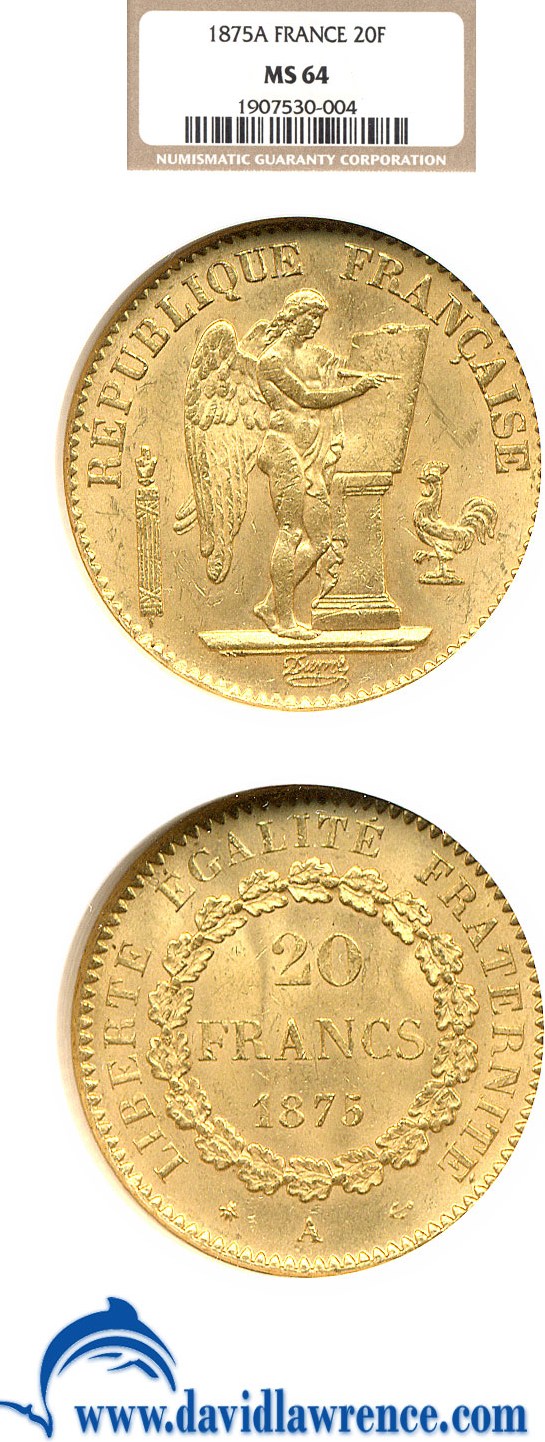 image for: France: 1875-A 20 Fr  NGC MS64   