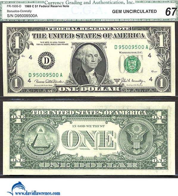 image for: Fr.1969C 1969 $5 Dark Green Seal CGA Gem CU67  [D95009500A] *Fancy Serial* 