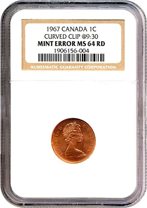 image for: Canada: 1967 1c NGC MS64 RD - Curved Clip at 9:30