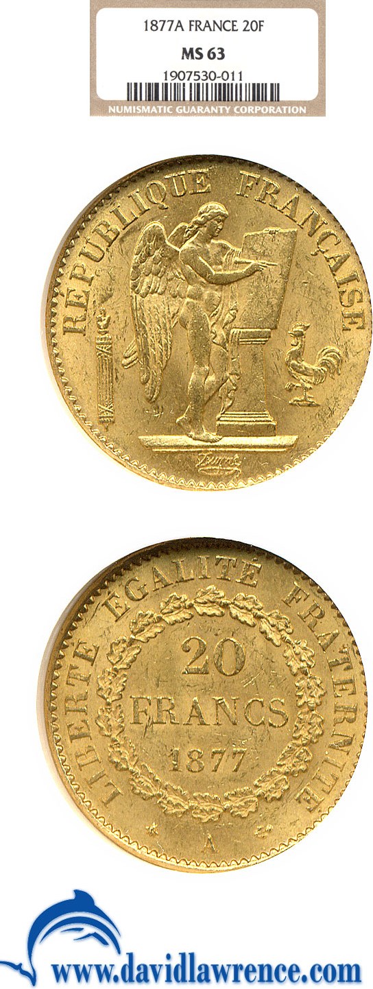 image for: France: 1877-A 20 Fr  NGC MS63   