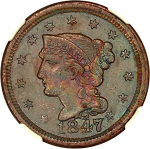 image for: 1847/7 1c NGC AU50 BN (Large/Small 7, N-31)