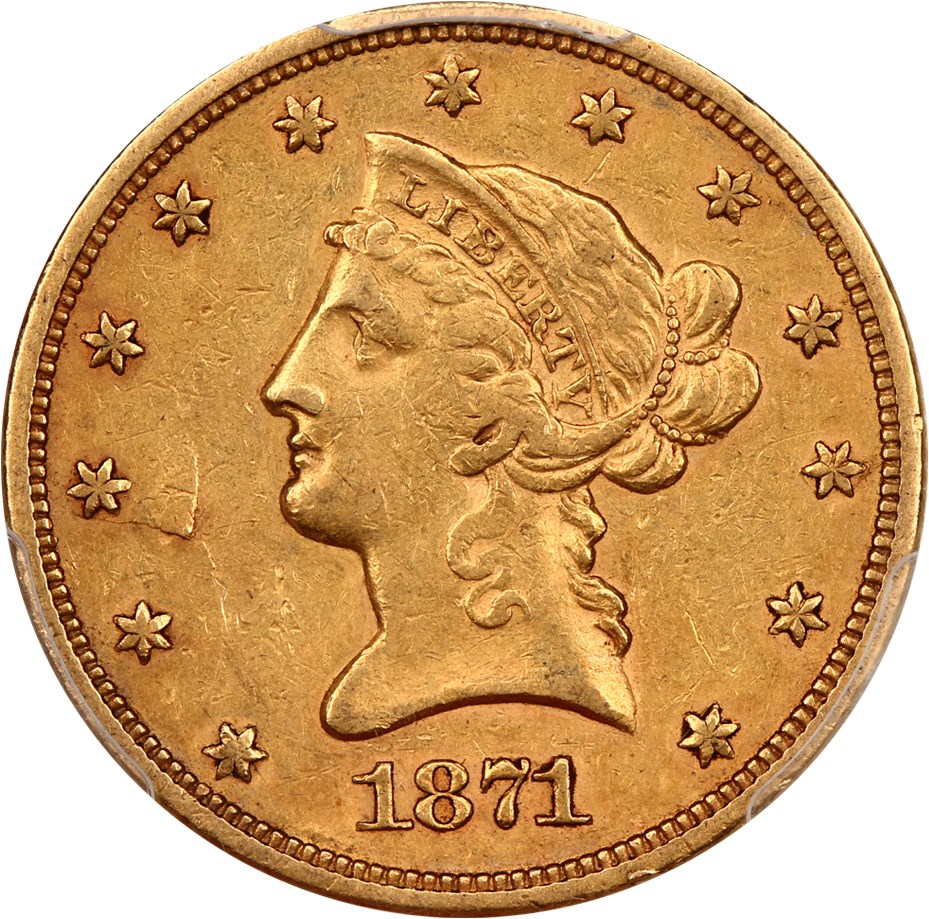 image for: 1871-S $10 PCGS/CAC VF35
