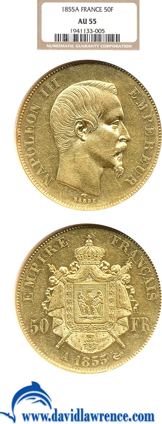 image for: France: 1855-A 50 Fr  NGC AU55 (KM-785.1)