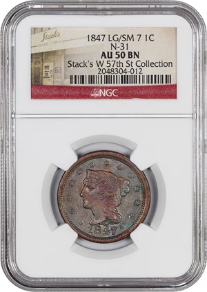 image for: 1847/7 1c NGC AU50 BN (Large/Small 7, N-31)