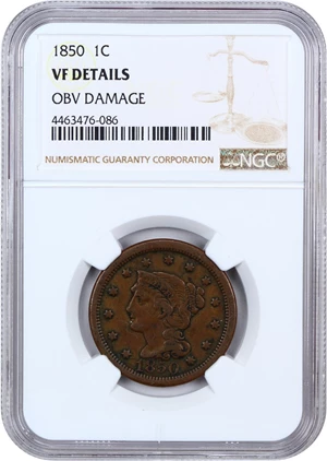 image for: 1850 1c NGC VF Details (Obv Damage)