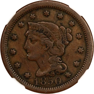 image for: 1850 1c NGC VF Details (Obv Damage)