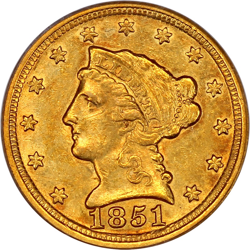 image for: 1851-D 2 1/2 PCGS AU53 ex: North Georgia