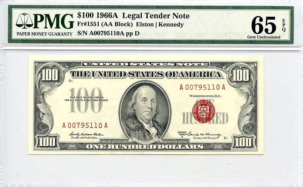 image for: FR. 1551 1966A $100 Legal Tender PMG Gem Unc 65 EPQ