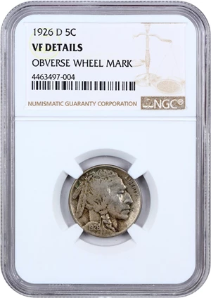 image for: 1926-D 5c NGC VF Details (Obverse Wheel Mark)