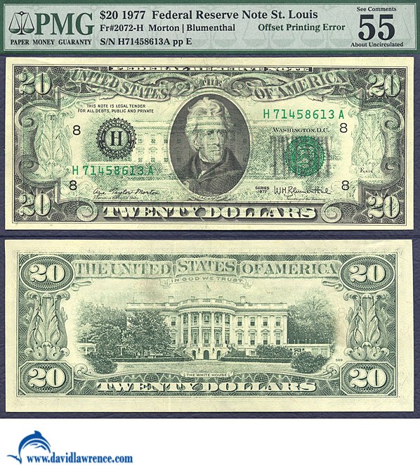image for: Fr.2072H 1977 $20  PMG AU55  [H71458613A] *Error - Offset Printing* 