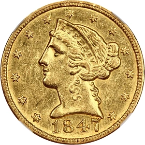 image for: 1847-C $5 NGC AU55