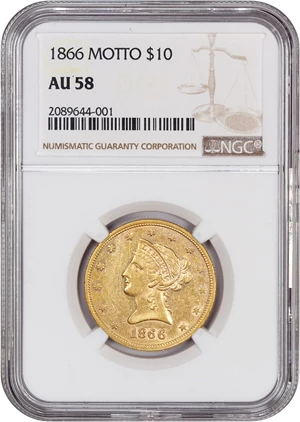 image for: 1866 $10 NGC AU58 (Motto)