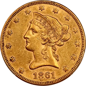 image for: 1861 $10 PCGS/CAC AU55
