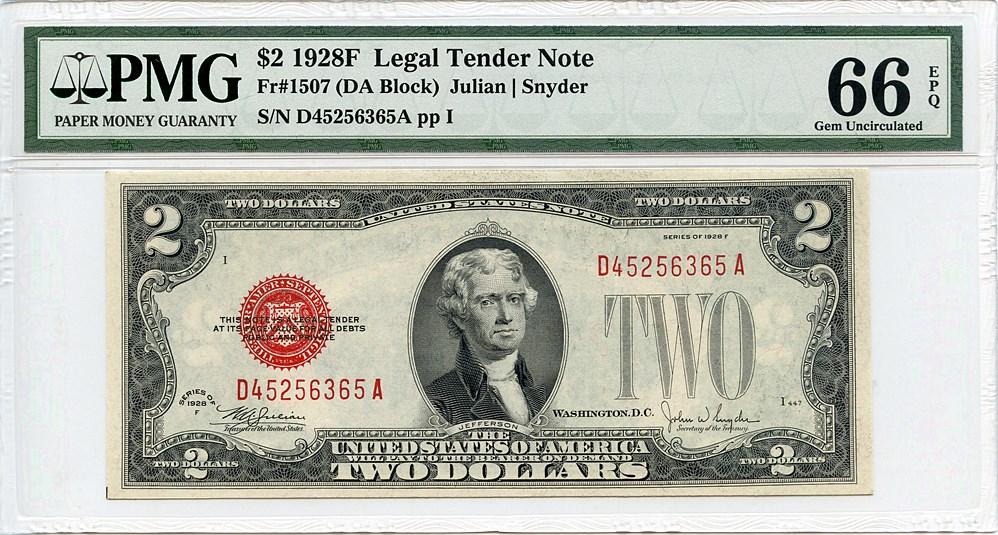 image for: FR. 1507 1928F $2 Legal Tender Note PMG Gem Unc 66 EPQ