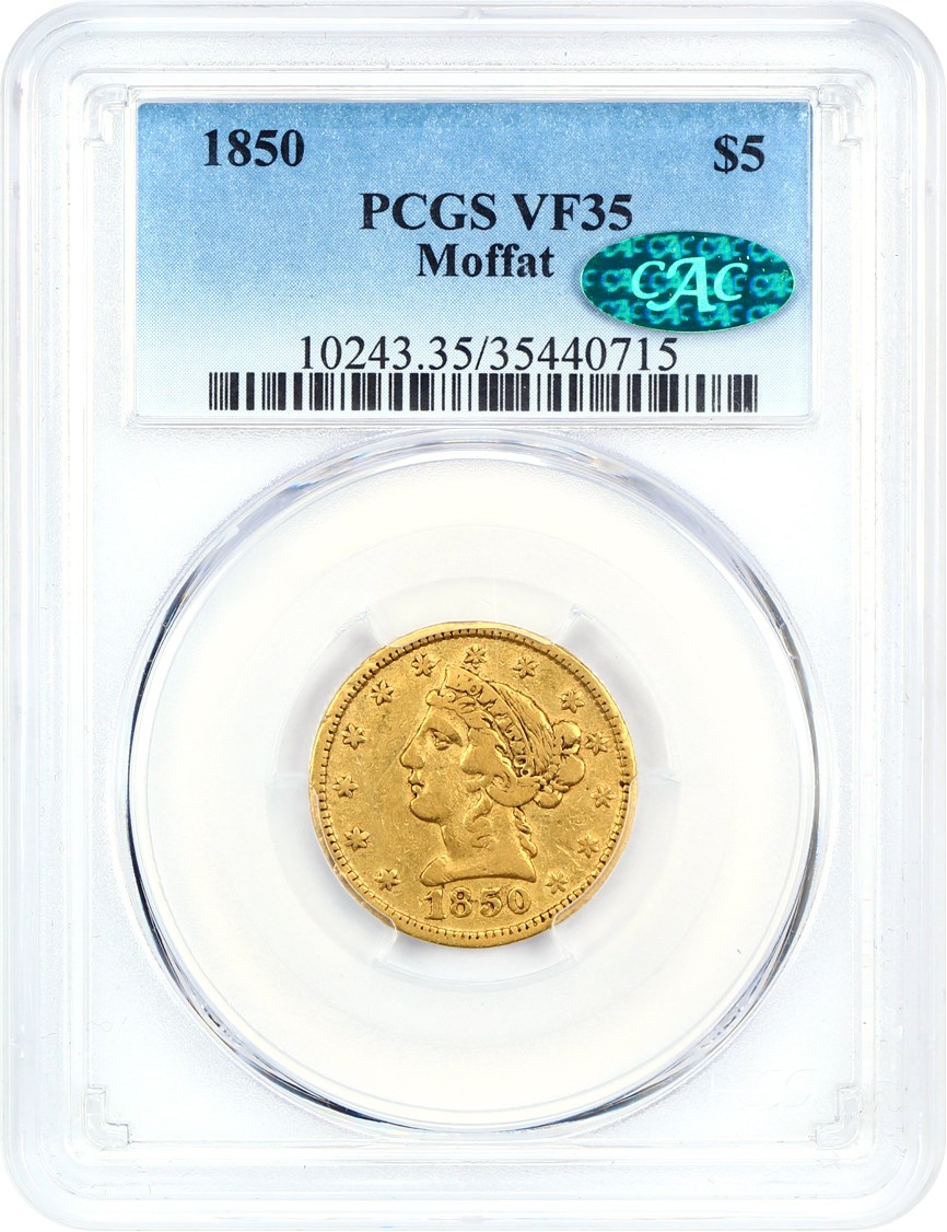 image for: 1850 Moffat $5 PCGS/CAC VF35