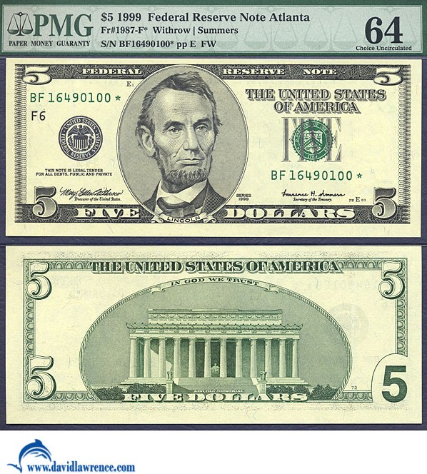 image for: Fr.1987F 1999 $5 Fort Worth, TX PMG Choice CU64  [BF16490100] *Star* 