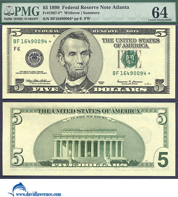 image for: Fr.1987F 1999 $5 Fort Worth, TX PMG Choice CU64  [BF16490094] *Star* 