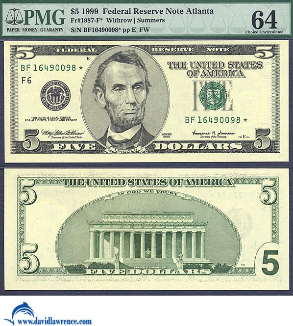 image for: Fr.1987F 1999 $5 Fort Worth, TX PMG Choice CU64  [BF16490098] *Star* 