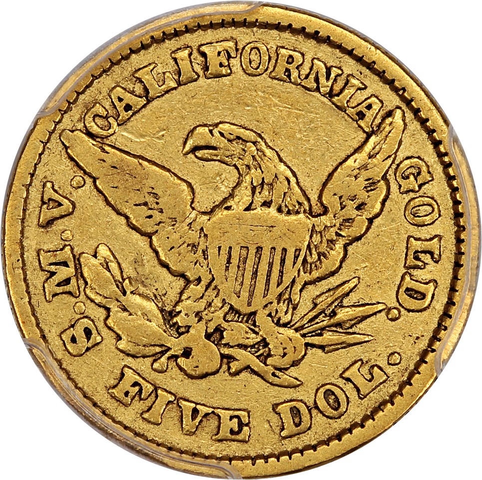 image for: 1850 Moffat $5 PCGS/CAC VF35