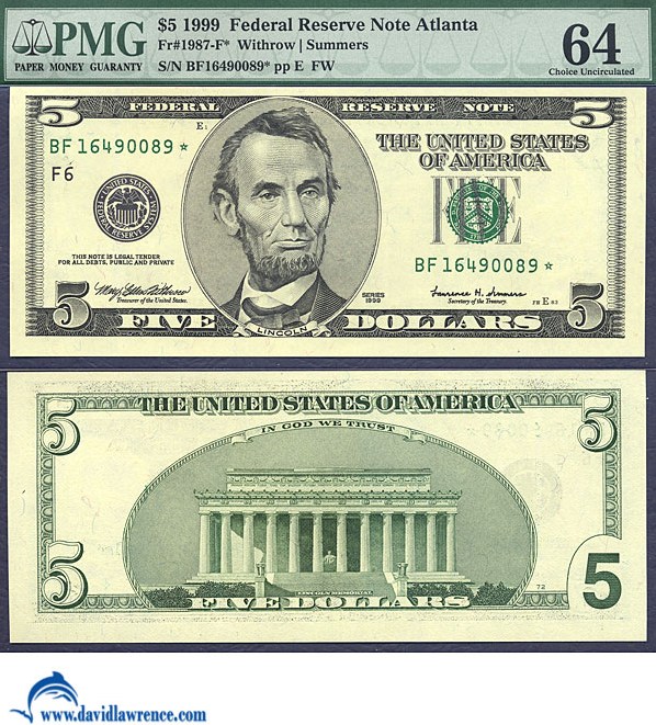 image for: Fr.1987F 1999 $5 Fort Worth, TX PMG Choice CU64  [BF16490089] *Star* 
