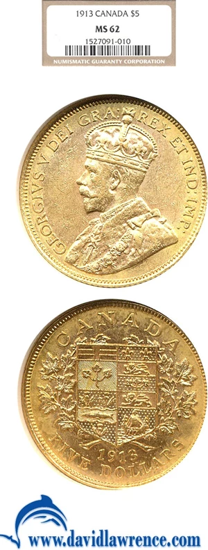 image for: Canada: 1913 $5 NGC MS62