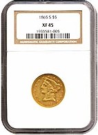 image for: 1865-S $5  NGC XF45 