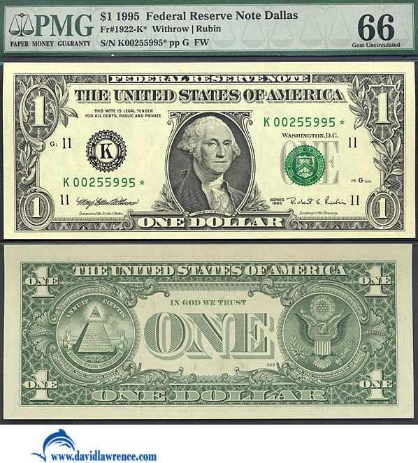 image for: Fr.1922K 1995 $1 Sheetfed press. Fort Worth, TX PMG Gem CU66  [K00255995] *Star* 
