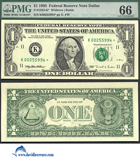 image for: Fr.1922K 1995 $1 Sheetfed press. Fort Worth, TX PMG Gem CU66  [K00255994] *Star* 