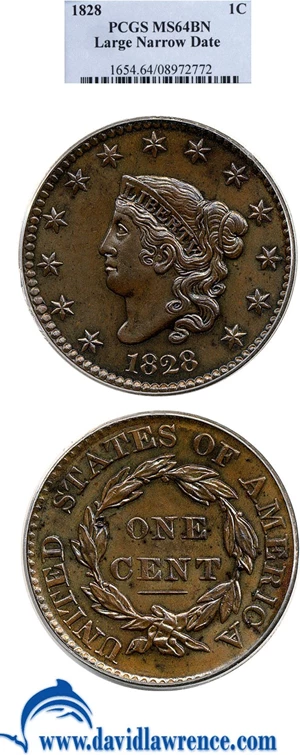 image for: 1828 1c Large Narrow Date PCGS MS64 BN