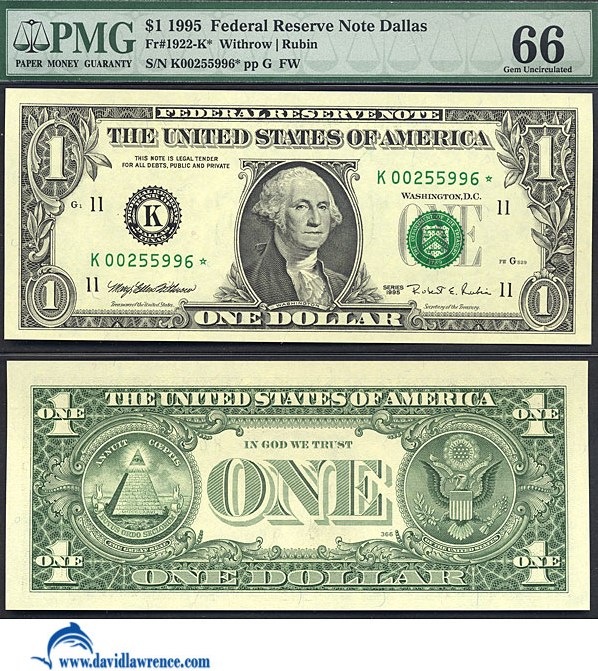 image for: Fr.1922K 1995 $1 Sheetfed press. Fort Worth, TX PMG Gem CU66  [K00255996] *Star* 