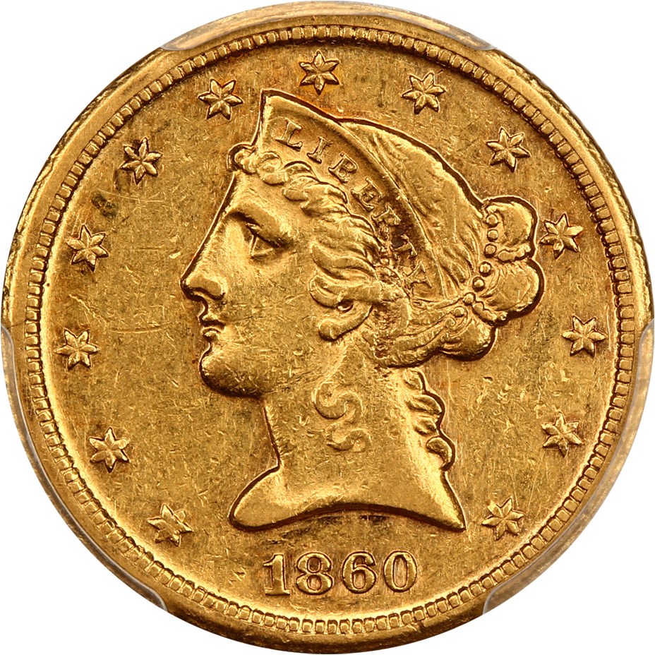 image for: 1860-D $5 PCGS AU53 (Medium D)