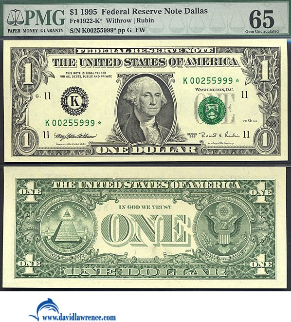image for: Fr.1922K 1995 $1 Sheetfed press. Fort Worth, TX PMG Gem CU65  [K00255999] *Star* 