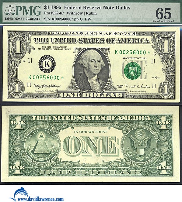 image for: Fr.1922K 1995 $1 Sheetfed press. Fort Worth, TX PMG Gem CU65  [K002556000] *Star* 