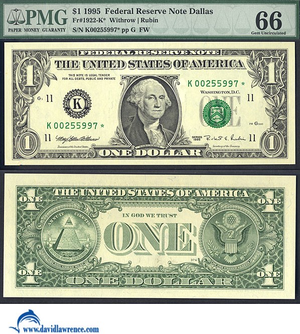 image for: Fr.1922K 1995 $1 Sheetfed press. Fort Worth, TX PMG Gem CU66  [K00255997] *Star* 