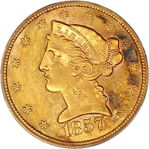 image for: S.S. Central America: 1857-S $5 PCGS AU58 (Gold Foil Label, With Box)