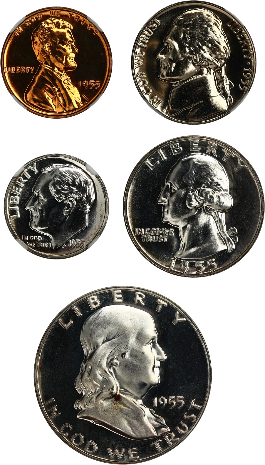 1955 1c-50c Proof Set, Flat Packaging, 5 Coins PR