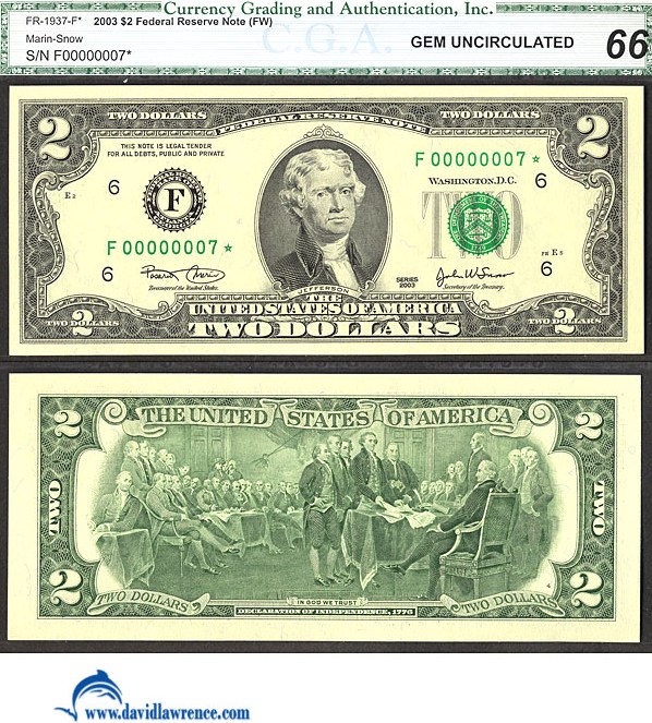 image for: Fr.1937F* 2003 $2  CGA Gem CU66  [F00000007*] *Star*  *Fancy Serial* 