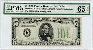 image for: FR. 1956Km 1934 Dark Green Seal $5 Federal Reserve Note Dallas PMG Gem Unc 65EPQ