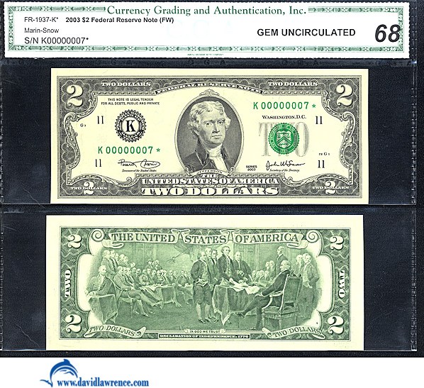 image for: Fr.1937K* 2003 $2  CGA Gem CU68  [K00000007*] *Star*  *Fancy Serial* 